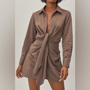🔆 Nasty Gal Brown Knot Front V Neck Mini Shirt Dress, Size 6
